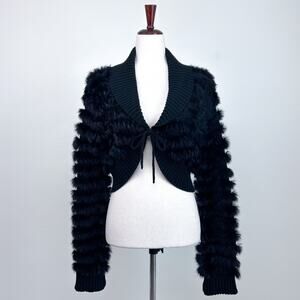 Chesley Black Genuine Rabbit Fur Mob Wife Y2K Knit Cropped Bolero Shrug Cardigan